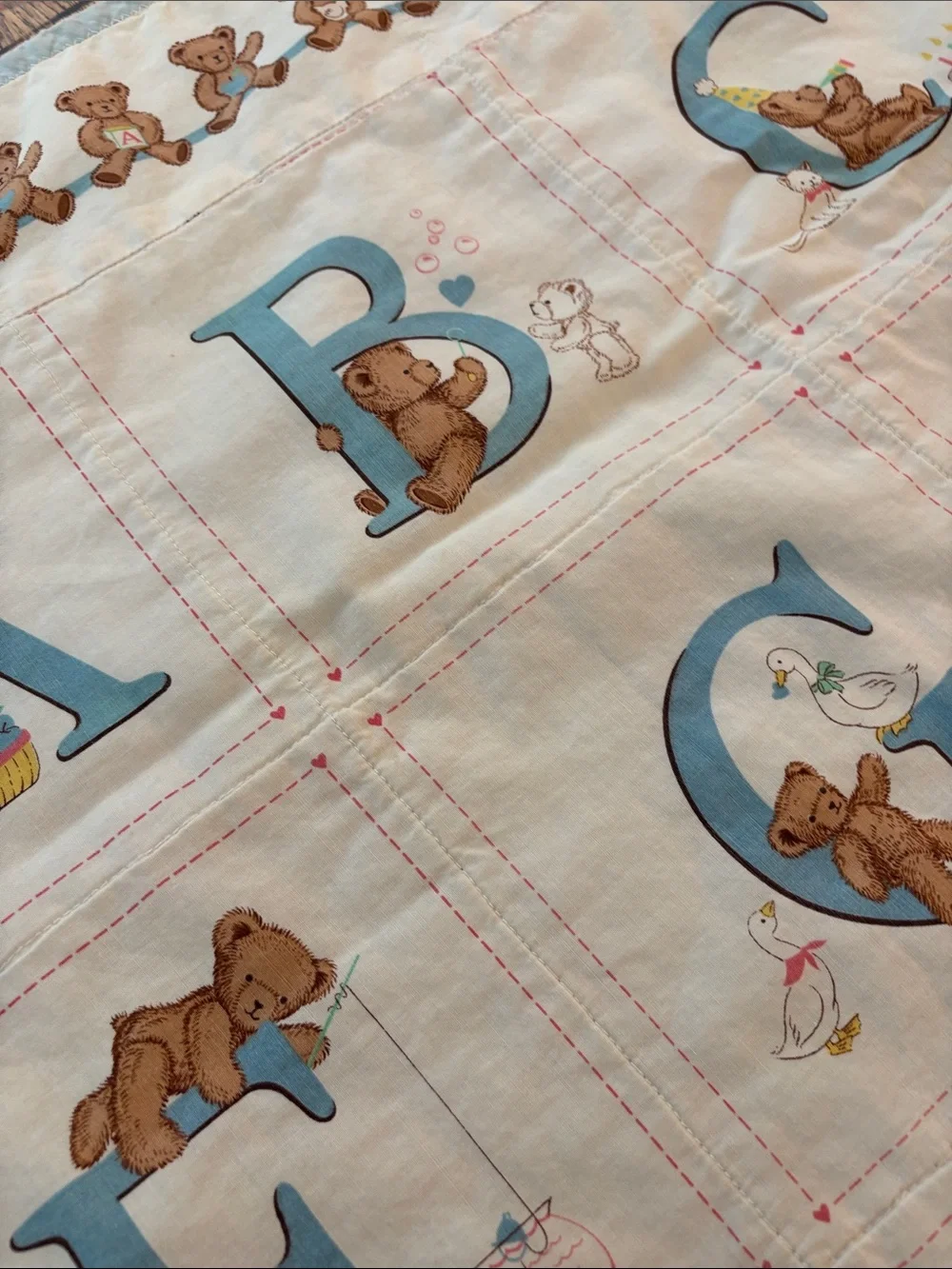 Vintage Handmade Blue Alphabet Teddy Baby Quilt - Adorable Hung on Wall/Display